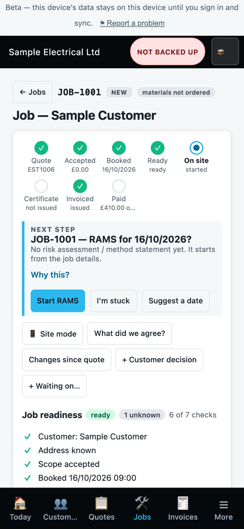 A job page showing the stepper from quote to paid and a next step card
