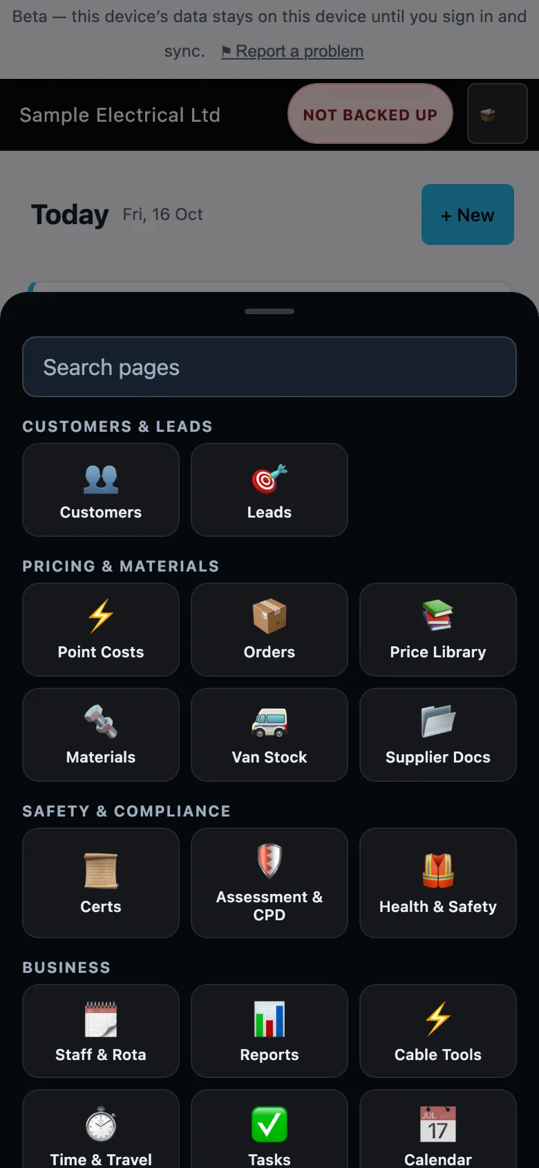 The More menu with pages grouped under headings such as Customers and leads, and Pricing and materials
