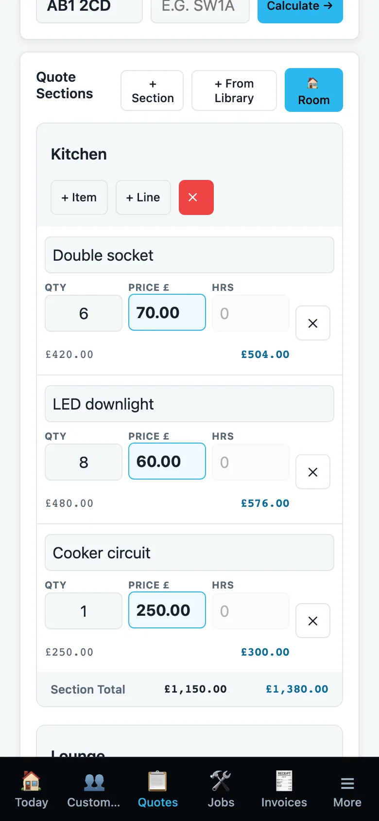 The Quote Builder showing a Kitchen room and a Lounge room, each with lines, quantities and prices