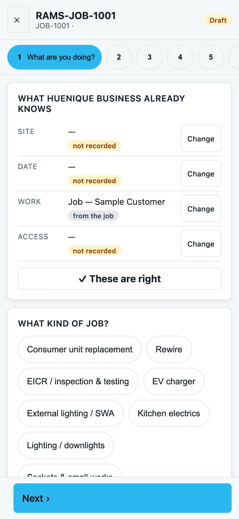 The RAMS wizard, step 1, showing what the app already knows from the job and what kind of job it is